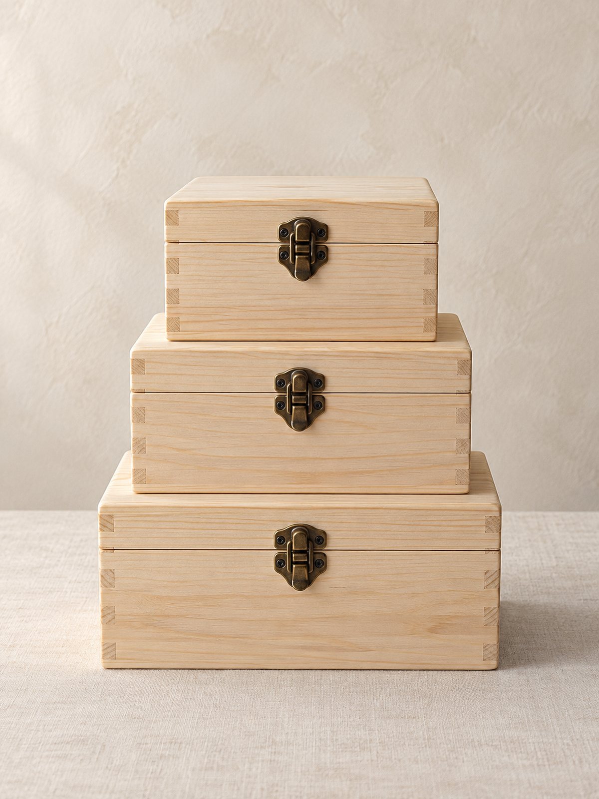 Tres cajas de recuerdos de madera de distintas medidas apiladas, con cierre metálico, antes de grabar