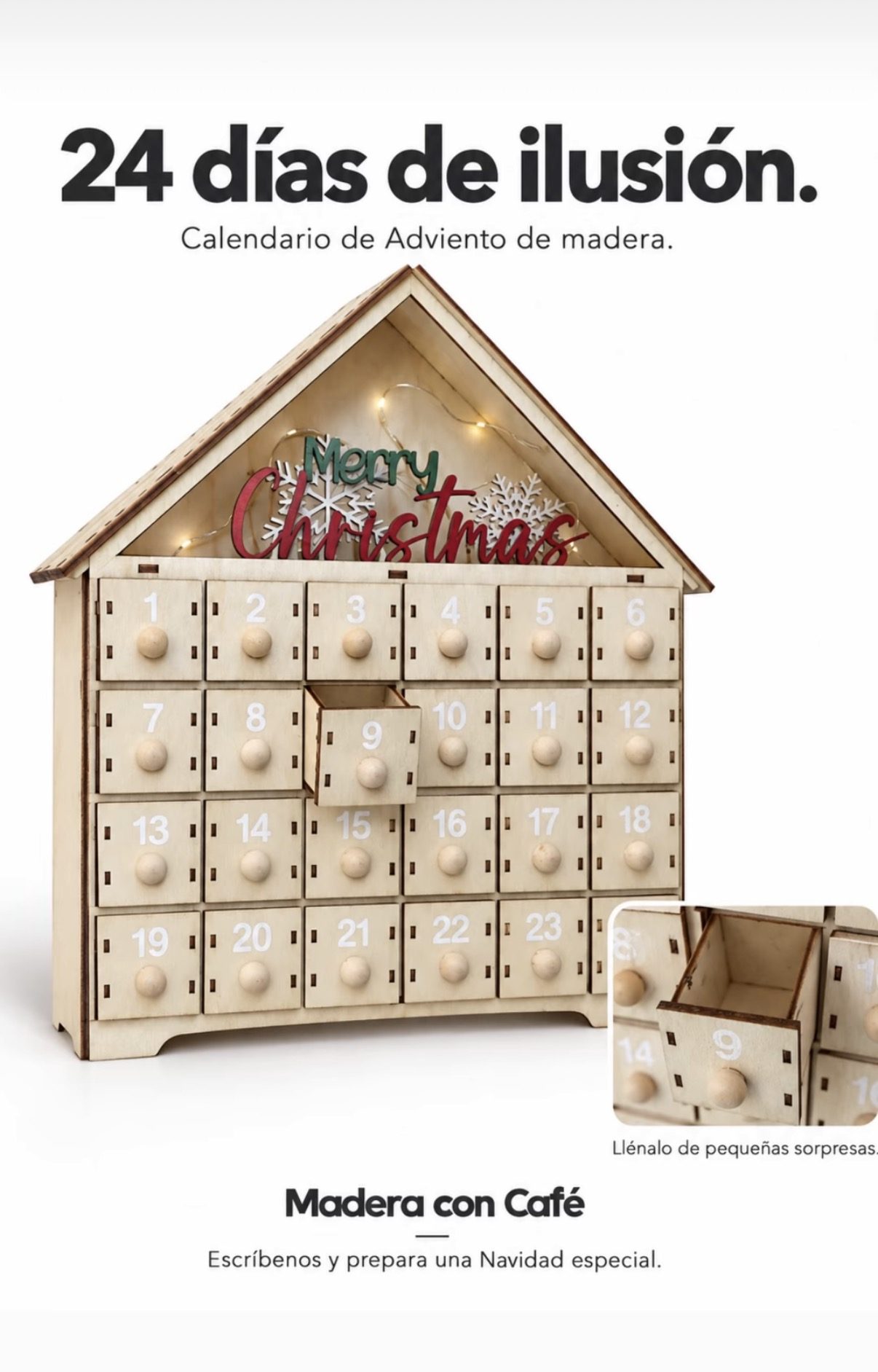 Calendario de adviento de madera con 24 cajones numerados en forma de casita — Madera con Café