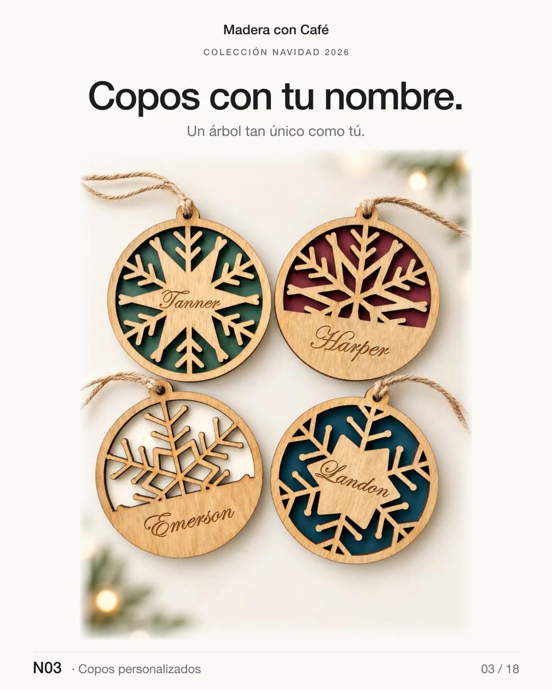 Copos personalizados de madera, Navidad 2026 — Madera con Café (ref. N03)