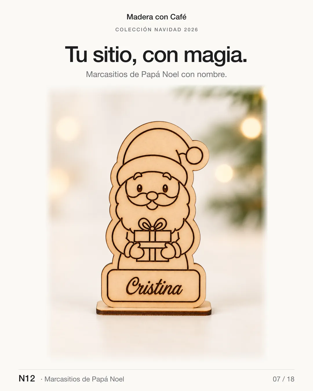 Marcasitios de Papá Noel de madera, Navidad 2026 — Madera con Café (ref. N12)