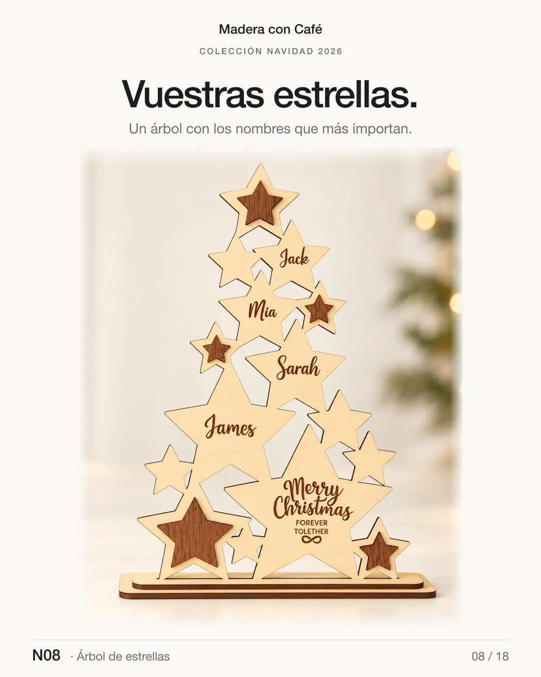 Árbol de estrellas de madera, Navidad 2026 — Madera con Café (ref. N08)