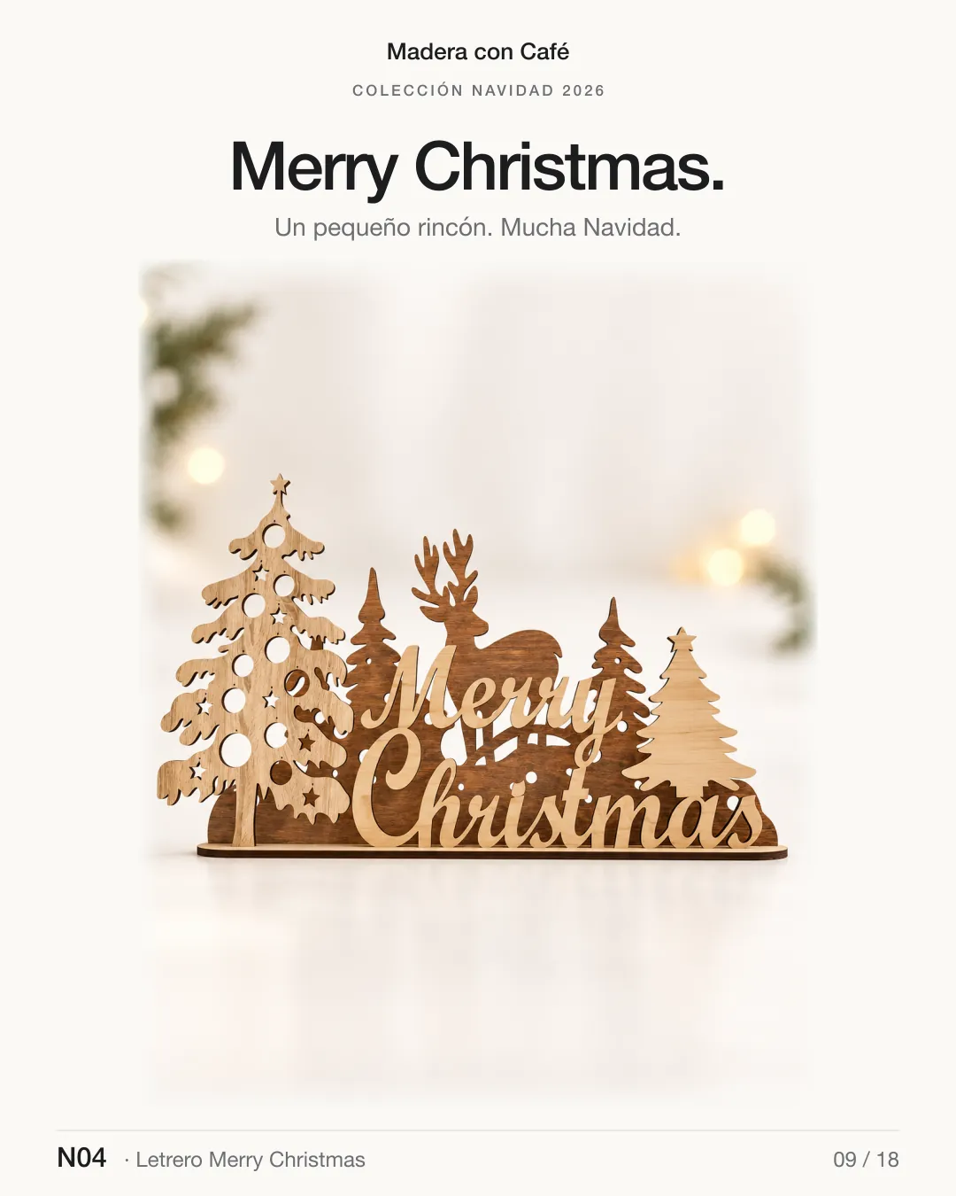 Letrero Merry Christmas de madera, Navidad 2026 — Madera con Café (ref. N04)