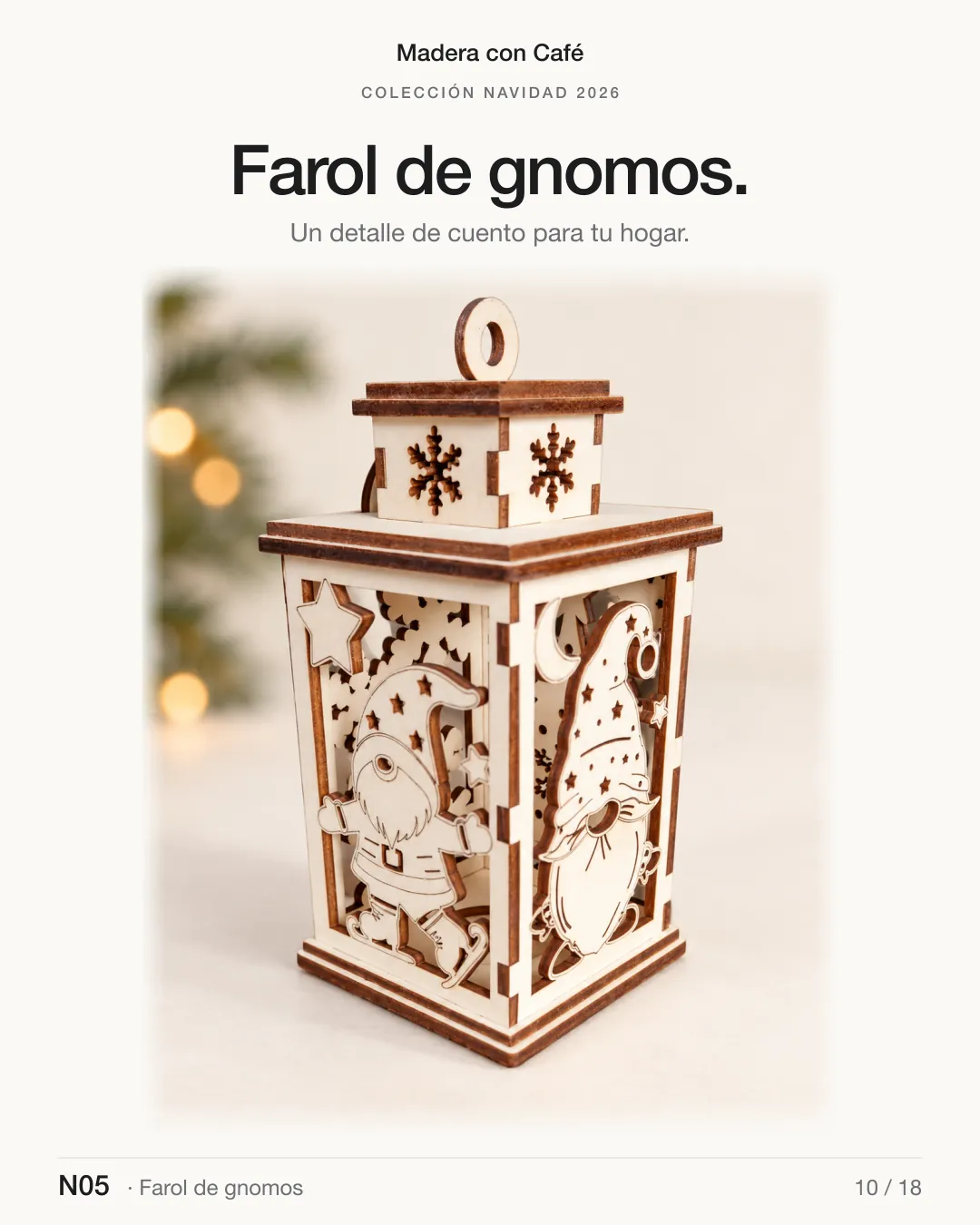 Farol de gnomos de madera, Navidad 2026 — Madera con Café (ref. N05)