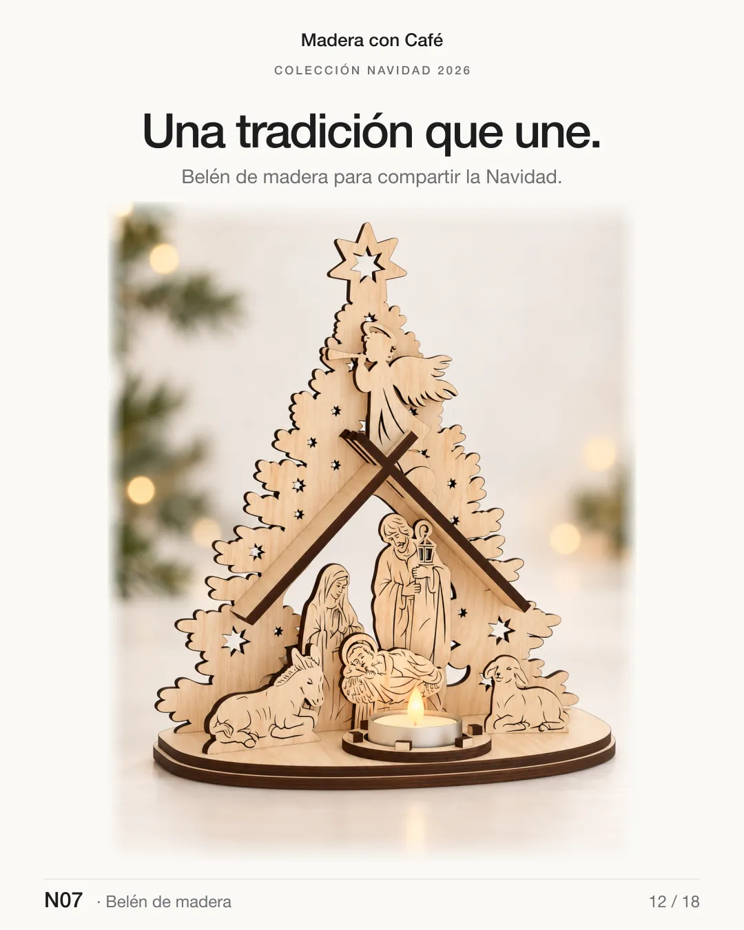 Belén de madera de madera, Navidad 2026 — Madera con Café (ref. N07)
