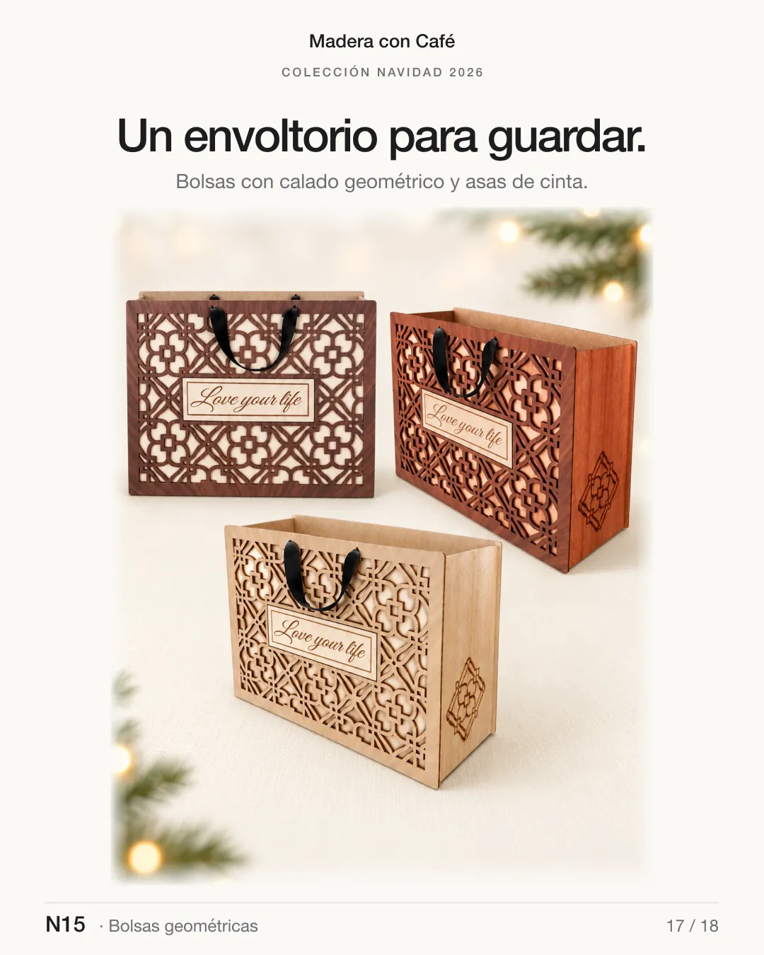 Bolsas geométricas de madera, Navidad 2026 — Madera con Café (ref. N15)