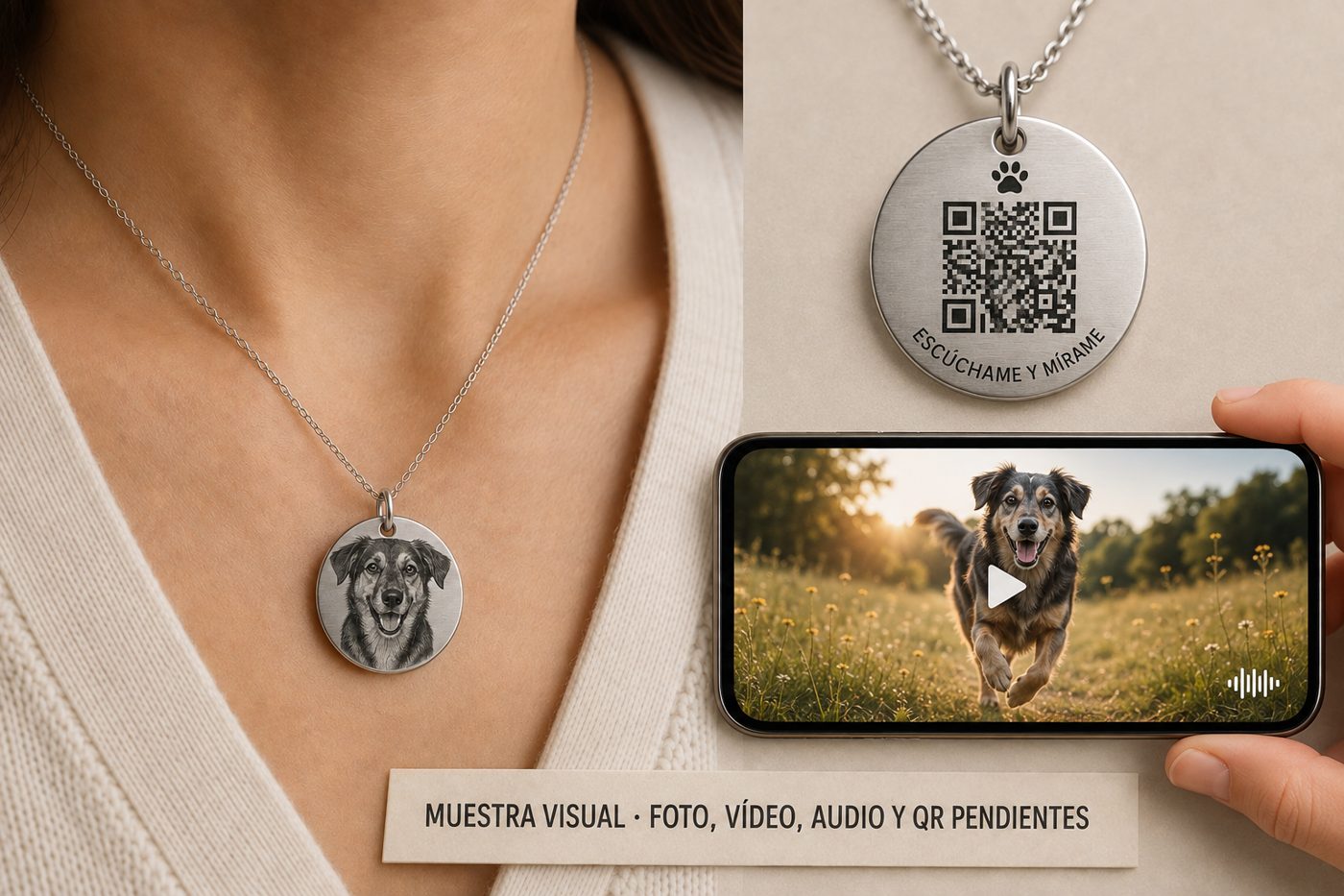 Muestra visual: colgante puesto y móvil abriendo el vídeo del perro al escanear el QR — Madera con Café