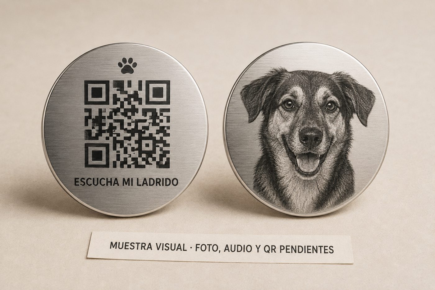 Muestra visual del colgante: retrato de un perro grabado por delante y código QR «Escucha mi ladrido» por detrás — Madera con Café