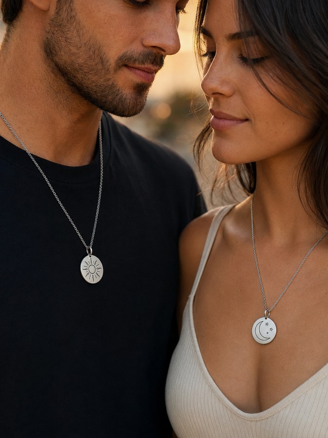 Pareja con dos colgantes grabados a juego, un sol y una luna