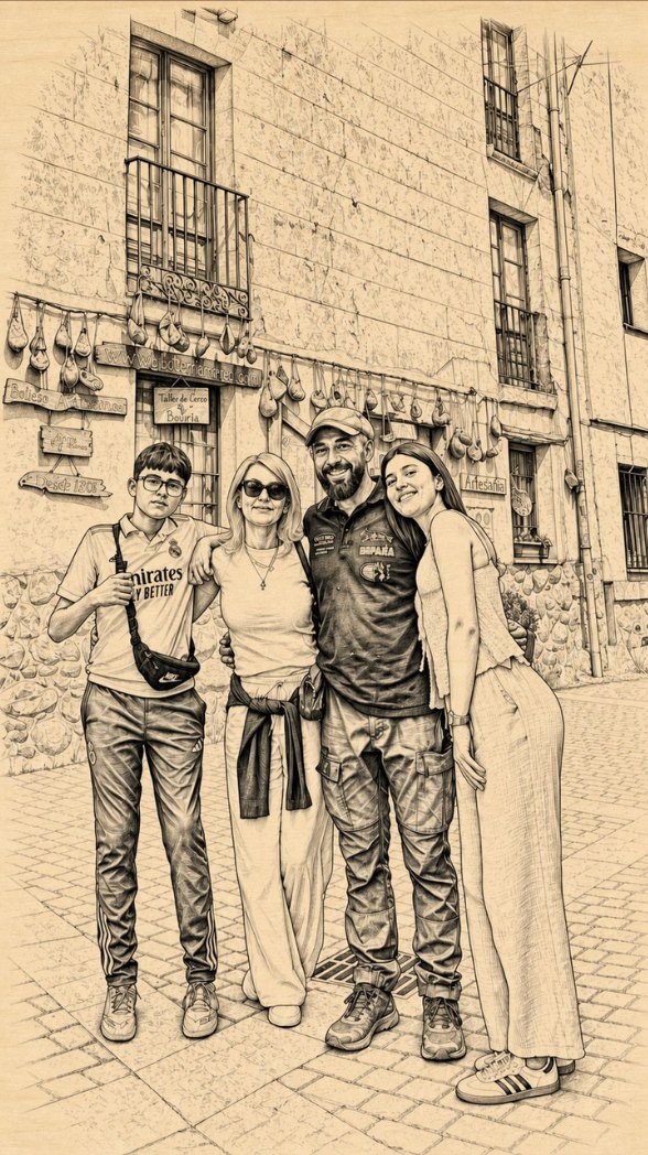 Lámina de madera real, salida del taller, con un retrato de familia grabado a láser: cuatro personas delante de la fachada de un taller artesano, con la calle empedrada