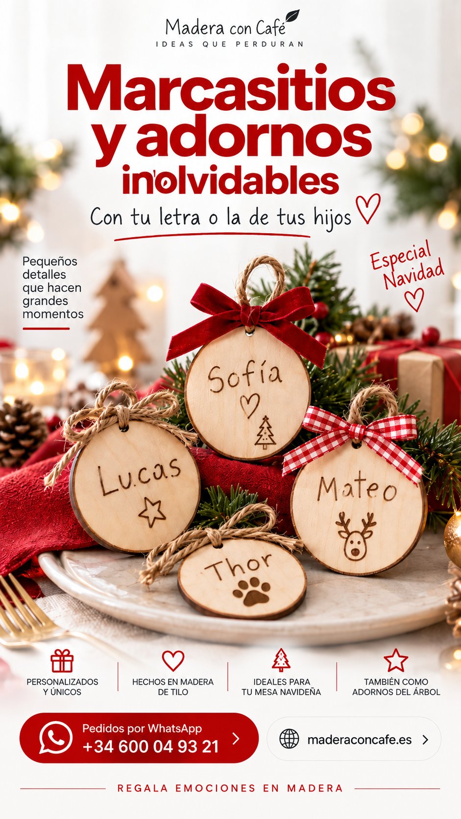 Marcasitios y adornos de Navidad de madera de tilo con los nombres Sofía, Lucas, Mateo y Thor grabados con su propia letra, con reno, estrella, abeto y la huella del perro