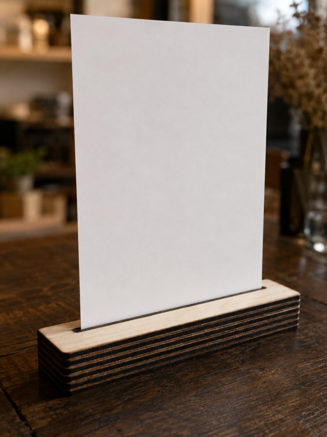 Peana de madera con ranura sosteniendo un cartel A5 sobre la mesa de un negocio