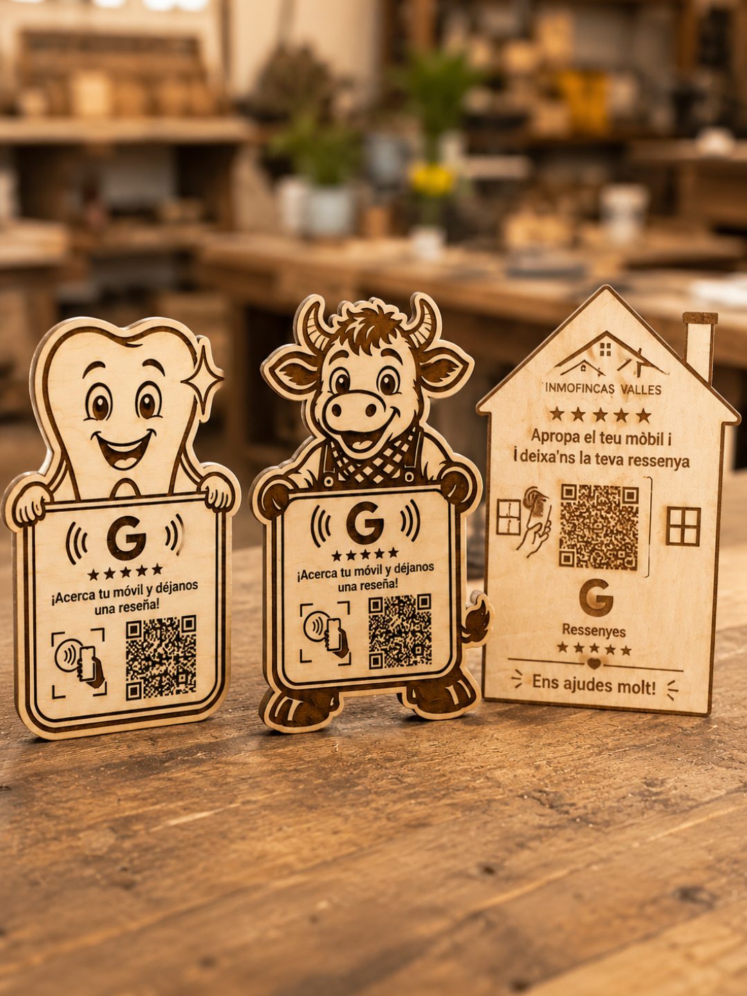 Tres formatos de QR madera personalizado: diente clínica dental, vaca restaurante, casita inmobiliaria
