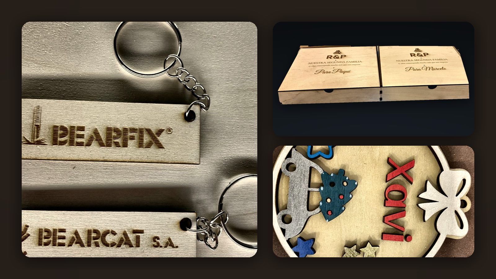 Regalos de Navidad para empresas grabados en madera: llaveros con logo Bearcat y Bearfix, cajas corporativas R&P y bola de Navidad personalizada
