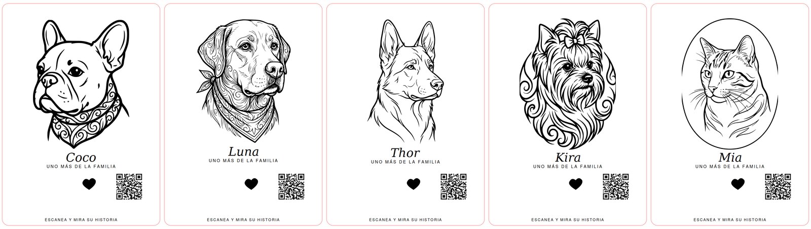 Serie de láminas de madera con retratos de mascotas grabados a láser: bulldog francés, labrador, pastor alemán, yorkshire y gato, cada una con su nombre y su código QR