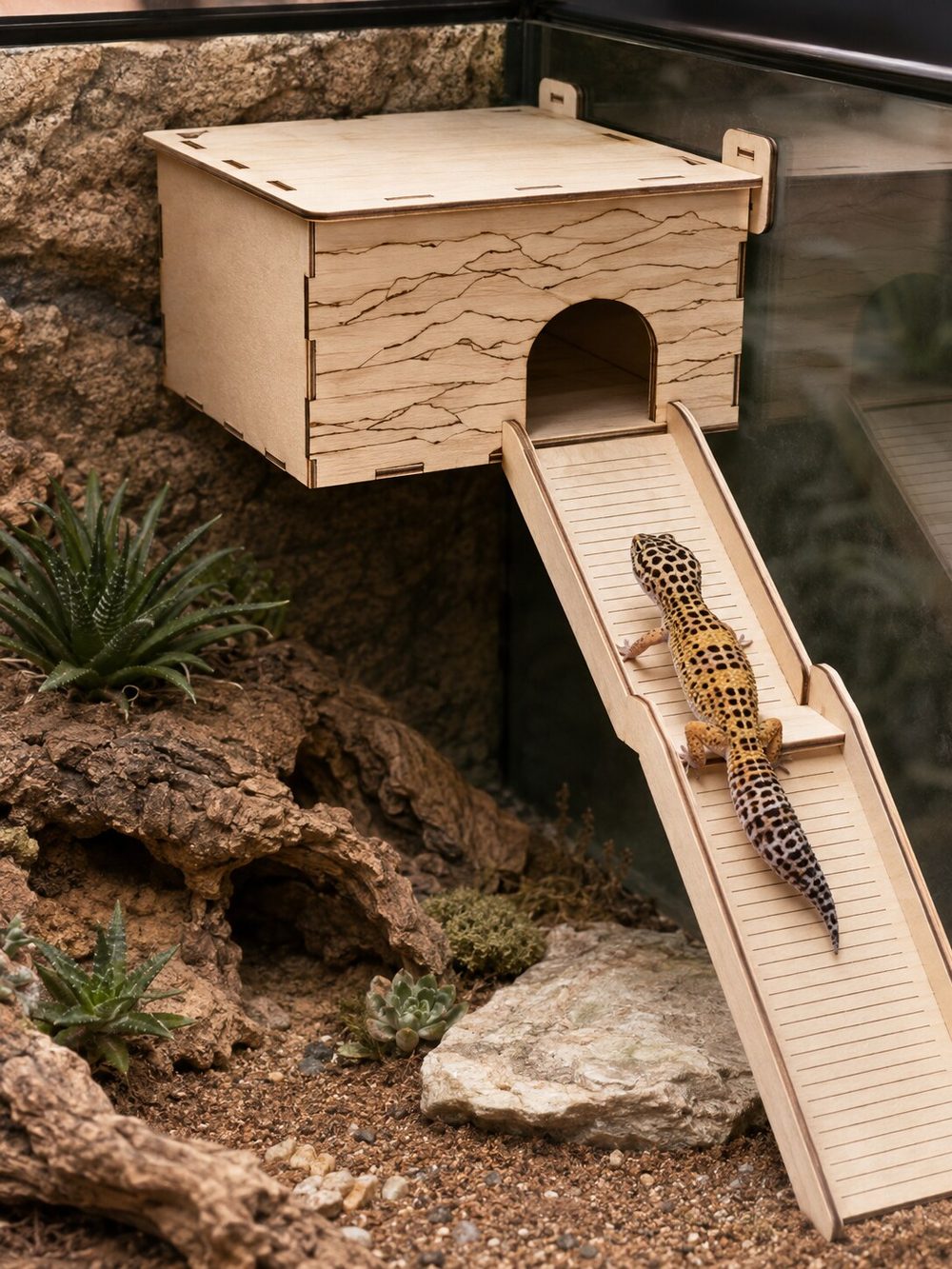 Cueva colgante con rampa para gecko leopardo, sujeta al cristal del terrario