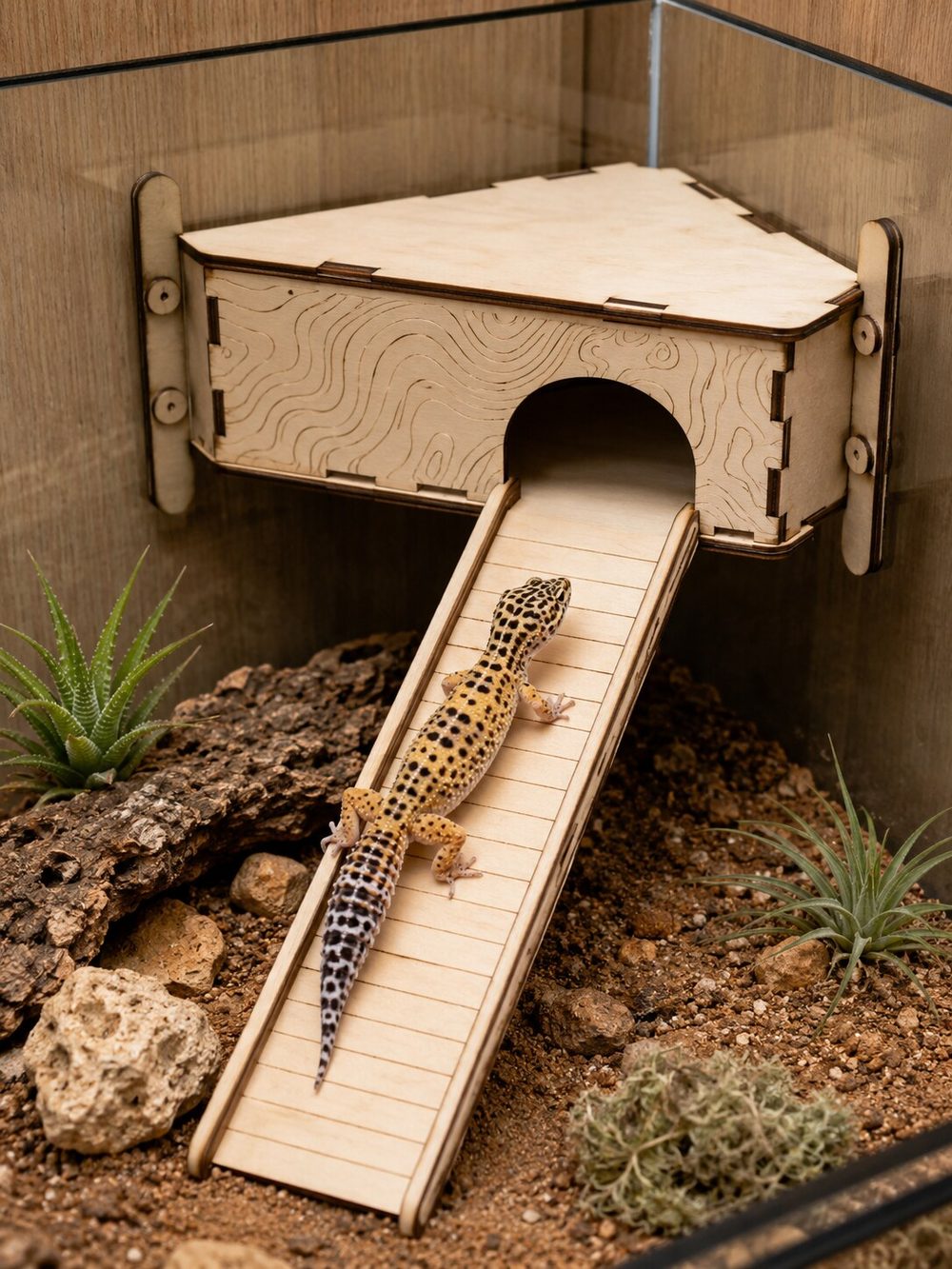 Cueva esquinera de madera para terrario con grabado topográfico y rampa