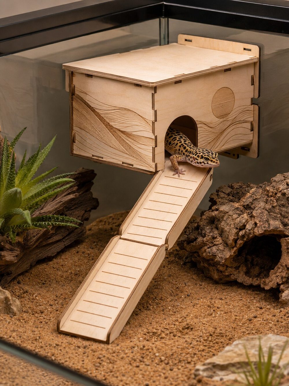 Cueva de madera para terrario con dunas grabadas y rampa de listones