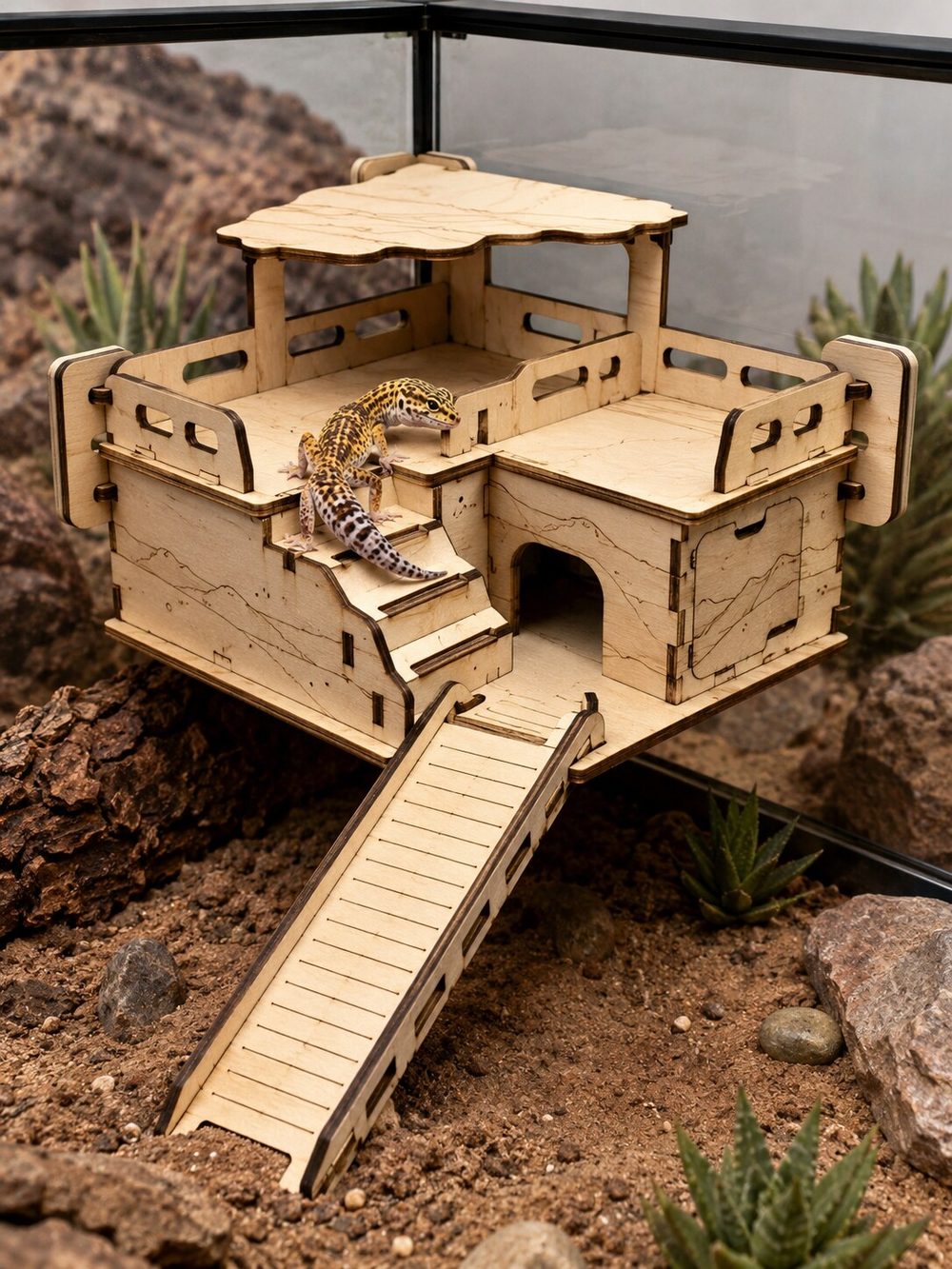 Plataforma multinivel de madera para terrario con escaleras y rampa