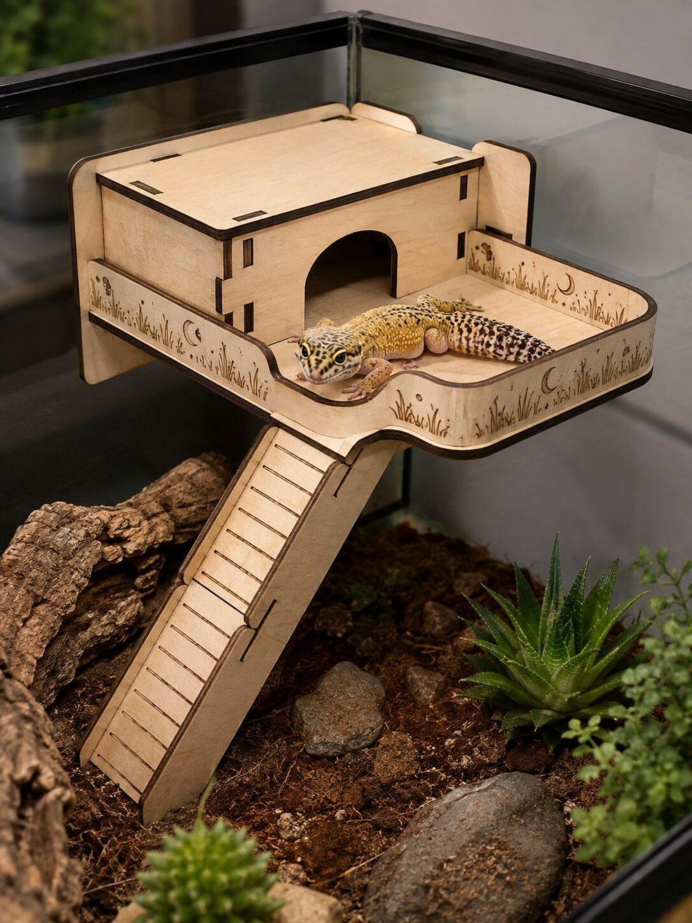 Repisa balcón de madera para terrario con barandilla y escalera