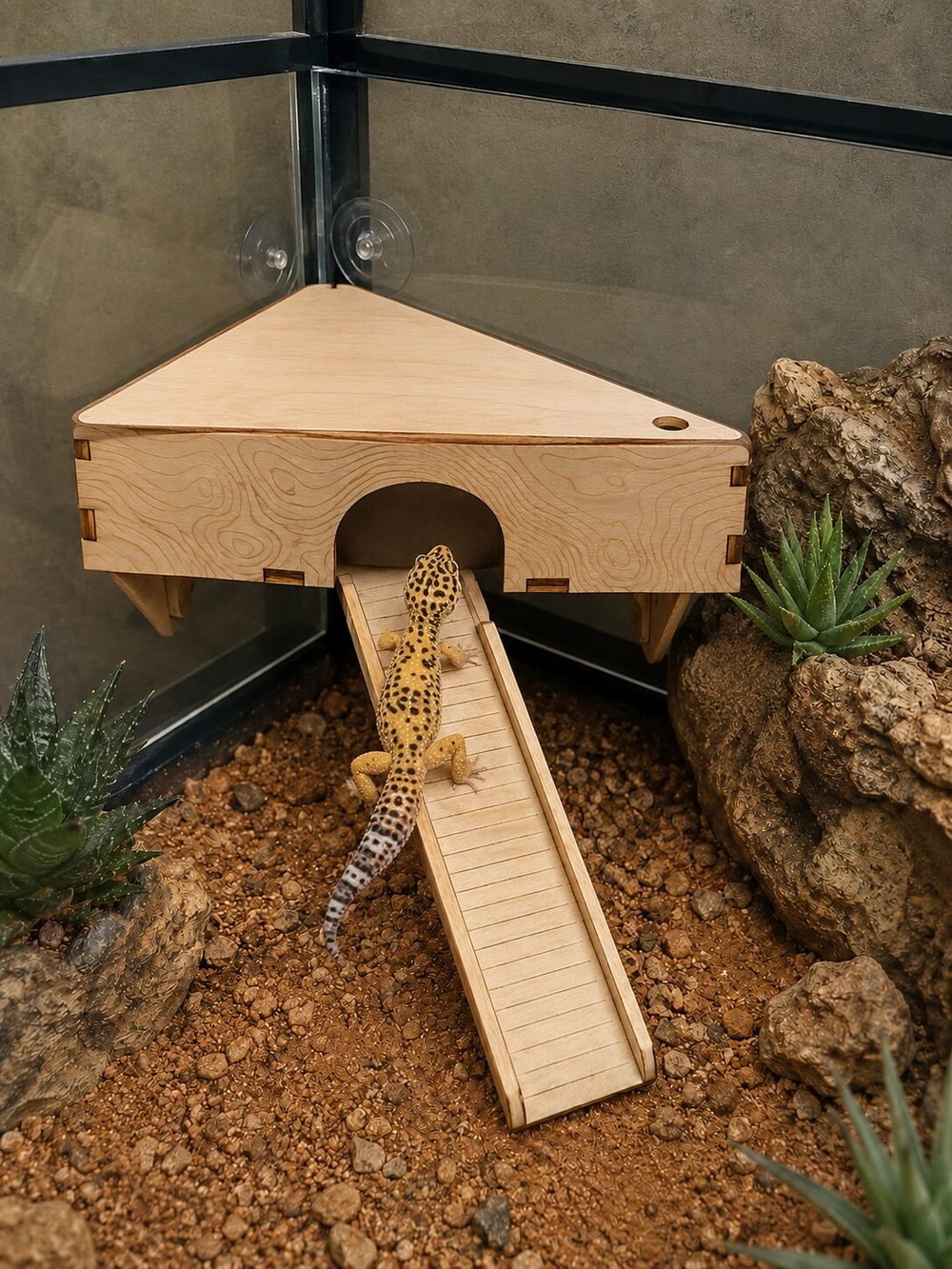 Repisa esquinera de madera sujeta al cristal del terrario con ventosas